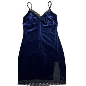 Mistyrose Velvet Babydoll Slip Dress Lace Trim Size L Blue Romantic Coquette